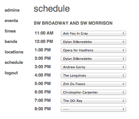 Schedule view: bands by time at location